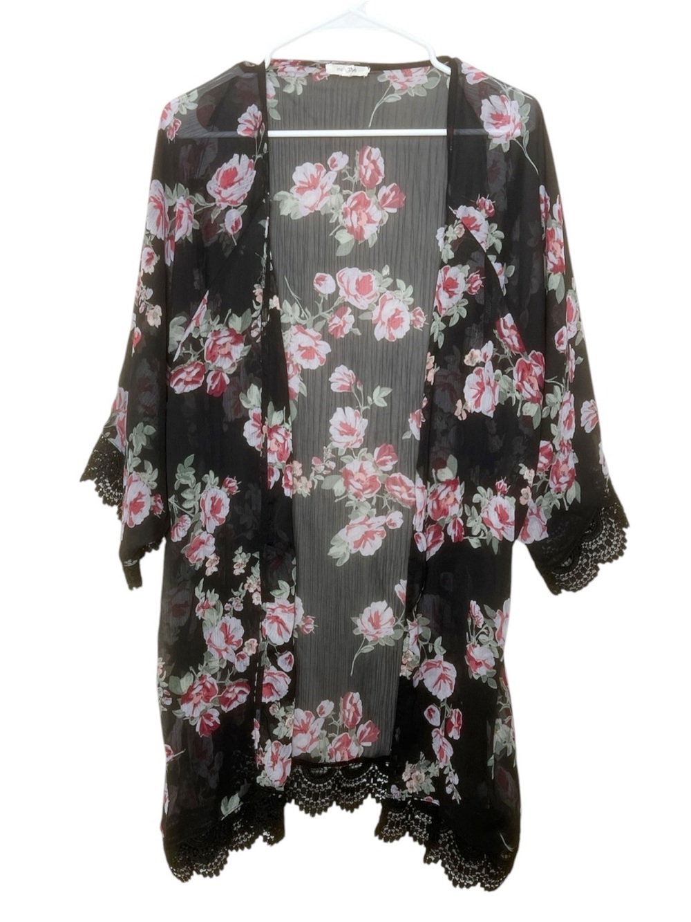 Maurices black & rose print semi sheer open front ¾ sleeve kimono size 2X